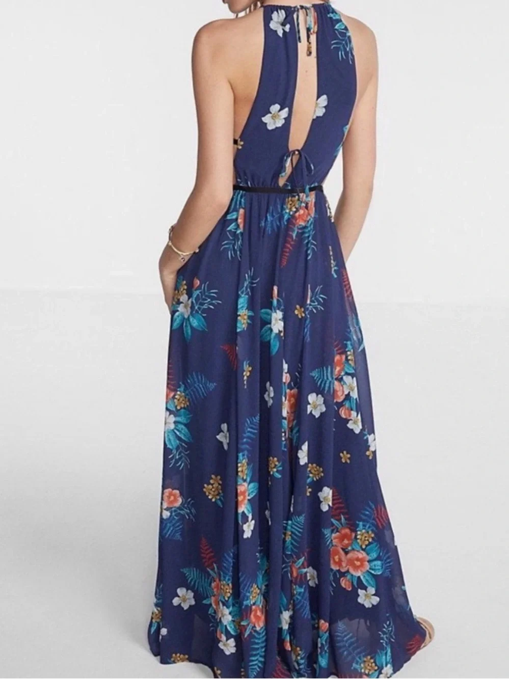 Express Navy Floral Halter Maxi Dress size xsmall with cutouts size xsmall